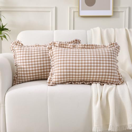 K MASANIJI Lot de 2 Housses de Coussin Lombaire à Volants en Coton délavé avec Fermeture éclair pour lit/canapé (Carreaux lombaires, Taupe/Blanc) 30,5 x 50,8 cm