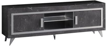AltoBuy GUEDA - Meuble TV 2 Portes Effet Marbre Anthracite Finition Argent avec LEDs