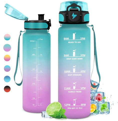 Trinkflasche Kinder 500ml, Trinkflasche mit Zeitmarkierung und Filter, Auslaufsicher Wasserflasche Kohlensäure Geeignet für Fahrrad, Schule, Maedchen, Sport