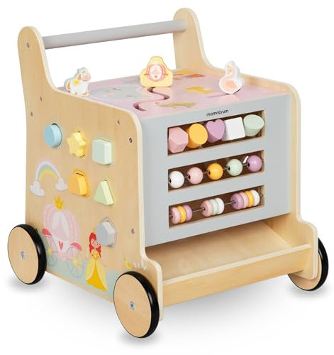 Mamabrum Holzläufer für Kinder, 2in1 Puder, Motorikwürfel, Frühkindspielzeug: Reiter, Sorter, Labyrint, Zahlenblöcke, Schieber, Rutschfeste Räder