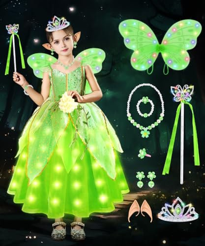 Tinkerbell Costume Filles, LED Déguisement Princesse Fille, Fée Princesse Robe de Fee Verte avec Ailes, Lumineuse Tinkerbell Costume pour Enfants Fête Anniversaire Carnaval Cosplay Halloween (130cm)
