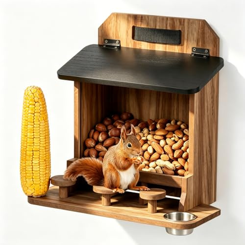 JAZUIHA Großes Eichhörnchen Futterhaus Wetterfest Holz für Außenbereich | Eichhörnchen-Haus zum Aufhängen, Futterstation inkl. Picknick-Tisch, Tänke und Maiskolbenhalter