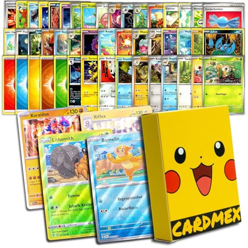 Cardmex 50 Original Monster und Trainer-Karten Deutsch – Inkl. 4 Holo & Reverse-Holos – Sammelkarten Set mit Schutzbox – aus verschiedenen Sets und Editionen