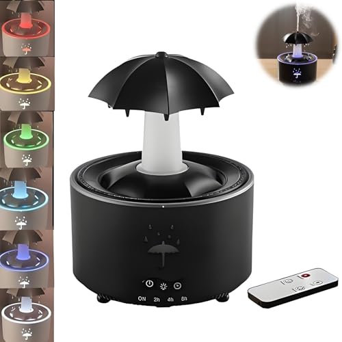 Umbrella Humidifier, Umbrella Diffuser with Rain Effect, Rotating Umbrella Drop 7-Color LED Aromatherapy Diffuser, 300ml Essential Oil Humidifier with Remote,Auto Shut-Off(Black)