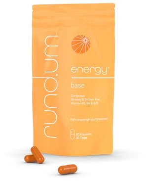 rund.um energy base - 1 x 60 Kapseln - Mit Cordyceps, Ginseng, B12 & B-Vitaminen - Natürliche Energie & Leistung - Gegen Müdigkeit & Erschöpfung - Vegan