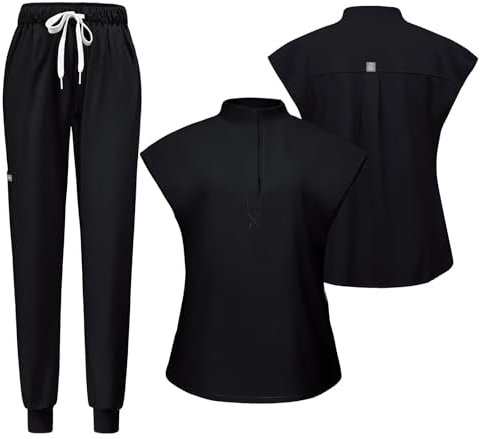 Meichoon Conjunto médico y de enfermería para Mujer, Manga Corta, Cuello alzado, Top elastizado con 2 Bolsillos Laterales, pantalón elastizado con cordón Ajustable DK55Negro S