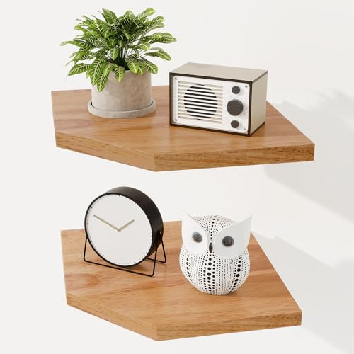 Fun Memories Corner Shelf Wall Mount Set of 2 - Solid Oak Wood Floating Corner Shelf with Cable Hole, 10in Rustic Design for Bedroom, Living Room, Kitchen (Natural)
