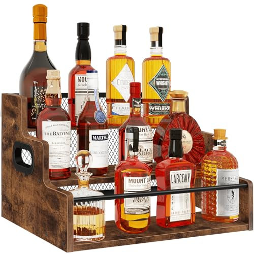 Homode Liquor Bottle Display Shelf, 3 Step Coffee Syrup Rack Organizer, Countertop Liquor Wine Rack, Mini bar, Liquor Cabinet, Home Retro Bar Shelf Stand for Whiskey Alcohol Drink