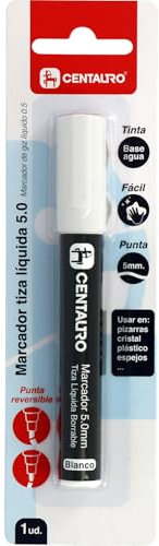 Centauro - Rotulador Tiza Liquida Borrable Blanco, Punta 5mm, Tinta Base Agua, Punta Reversible Cónica y Biselada, Perfecto para Pizarras, Cristal, Plásticos o Espejos