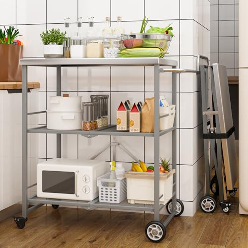 Faltbarer Edelstahl-Pizzaofen-Tisch, 3 Fächer, Garten-Lebensmittelwagen, Outdoor-Grillwagen, beweglicher Grillwagen, Pizzaofen-Trolley, Ständer, Grau