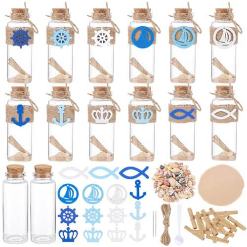 WEBEEDY 12 Sets Ocean Glass Bottle Kit Nautical Ornaments Bottles Mini Glass Jar with Cork, DIY Sand Art Bottles with Nautical Charms, Wishing Paper, Shell, Sand, for Christmas Party Hanging Decor