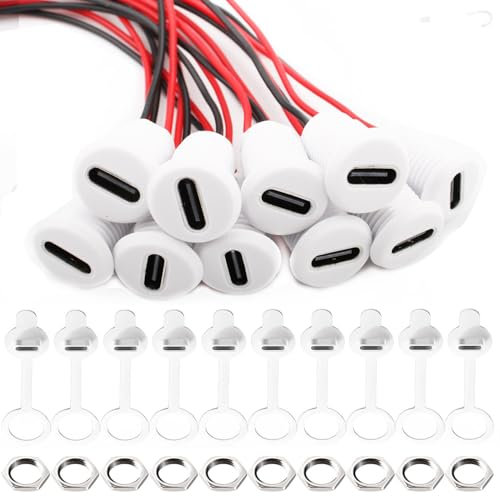 RUNCCI-YUN 10 Piezas conector hembra USB C,Conector soldar montaje en panel USB C de 2 Hilos,con Cubiertas Antipolvo y Tuercas, función PD Con 150mm 24 AWG Cable, Blanco