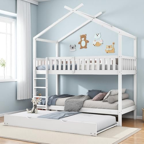 Seyakany Lit cabane Enfants 90x200,lit Mezzanine 2 Places,lit superposé Enfant avec Barriere 90x200,Design Peu encombrant,Blanc