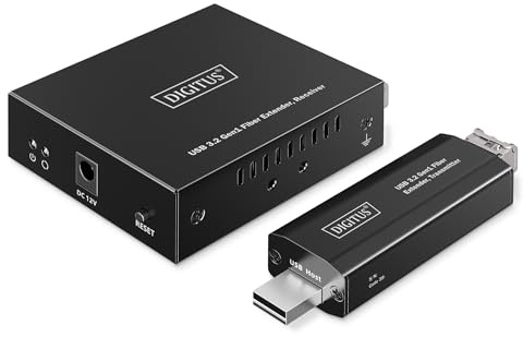 DIGITUS USB 3.2 Gen1 über Glasfaser-Extender – 4-Port USB-Hub – 3X Typ-A, 1x Typ-C – 20km Reichweite mit LC SM Glasfaserkabel – 5 Gbps – Schwarz