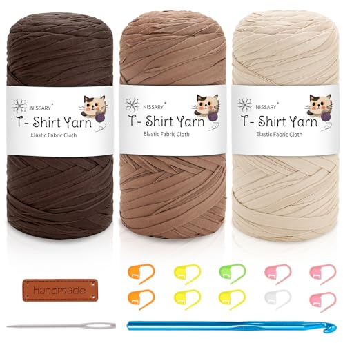 Nissary 3 Stück à 200g T-Shirt-Garn für Häkeln - Dicke Wolle zum Häkeln Crochet Yarn inklusive 10mm Häkelnadel & Zubehör - Ideal für DIY-Taschen, Kissen, Chunky-Decken & Home-Decor-Projekte