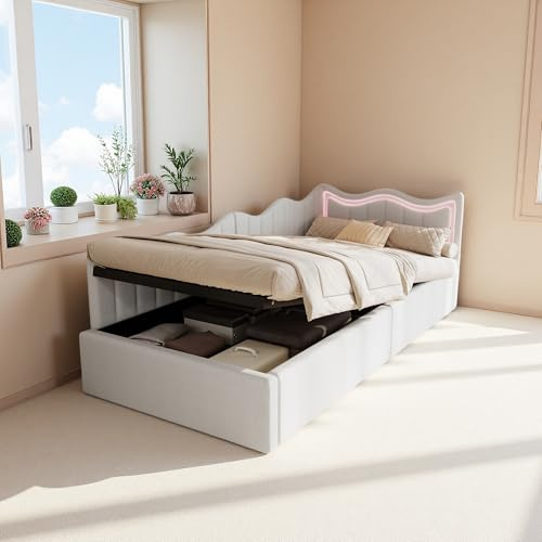Mivrel Kinderbett 90x200 Schlafsofa mit Bettkasten, Tagesbett Polsterbett mit LED-Beleuchtung, Sofabett Bodenbett Stauraumbett Bettgestell mit Lattenrost, Ohne Matratze, Samt (Beige A)
