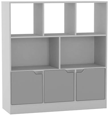 URBNLIVING White 8 Cube Asymmetrical Storage Cabinet – Freestanding Display Bookcase with 3 Doors for Home & Office - Basic Doors - Grey