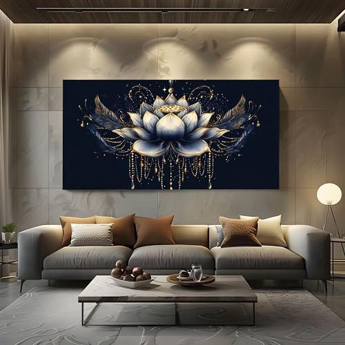 ZORYAN Wandbild Boho Lotusblume Leinwandbilder Groß für Modernes Wohnzimmer | Blumenpflanzen Feder Bild für Schlafzimmer Deko, Kunstdruck Luxuriöse Dekoration Wanddekoration, Wall Art 70x140 cm