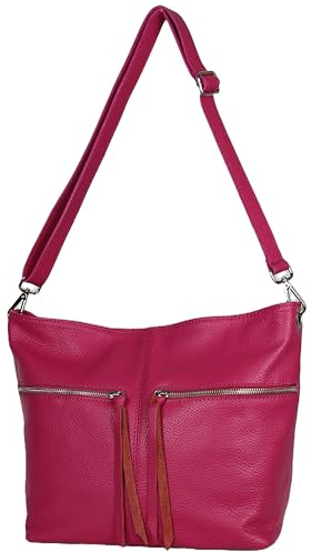 Ambra Moda GLX36 - Borsa da donna italiana in vera pelle, con tracolla e chiusura a zip, fucsia, mittelgroß