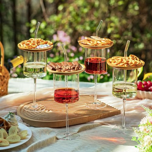Imourari 4er Set Weingläser mit Charcuterie Topper Holz & Trinkhalm, 400ml | bleifreiem kristall Rotweingläser, spülmaschinenfest, multifunktionaler Bambusdeckel, für Party, Geburtstag, täglich