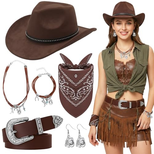 6 Stück Cowboy Hut Set für Damen, Western Cowgirl Outfit Damen mit Hut Armband Halskette Ohrringe Taschentuch Gürtel Cowboy Kostüm Accessoires Set für Erwachsene Party Halloween Karneval Mottopartys