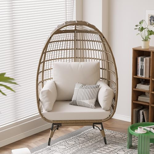 Garvee Freistehender Eisessel aus Rattan, Moderner Korbsessel mit Stahlrahmen für Garten, Balkon & Wohnzimmer, Inkl. Beigem Komfort-Kissen, Wetterfester Rattansessel für Innen & Außen, Schwarz/Braun