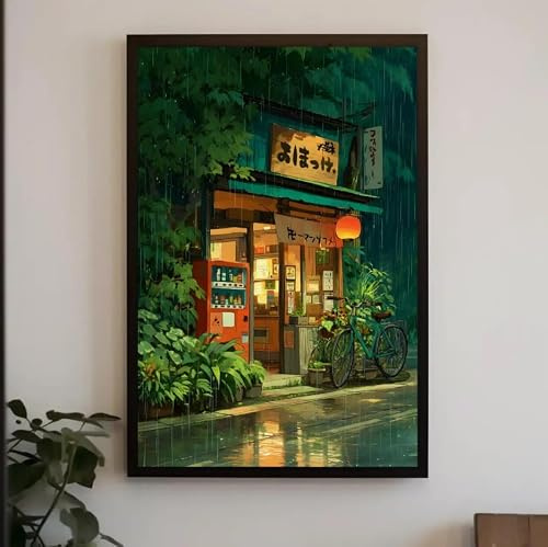 ShuqXsio Japanisches Anime-Café-Wandbild, Leinwanddruck-Poster, beruhigende Ghibli-Illustration, Kunstdrucke, Schlafzimmer-Küchen-Dekor-Poster (65 x 130 cm/rahmenlos)