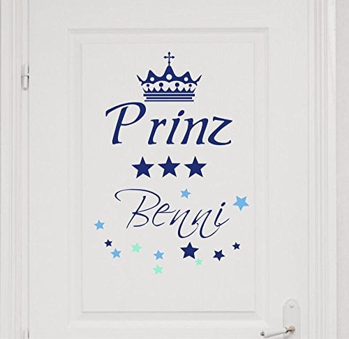 Türaufkleber mit Wunschnamen, 73058-29cm-tricolore-blau, mit bunten Sternen, kleiner Prinz mit Krone - fürs Spielzimmer Jungenzimmer, Kinderzimmer Jungen, Kinderaufkleber mit Namen
