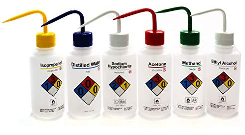 ULAB Scientific Right-to-Know Safety Wash Bottle Set, Acetone, Ethyl Alcohol, Methanol, Isopropanol, Distilled Water, Sodium Hypochloride, Vol.500ml with Draw Tube, UWB1001
