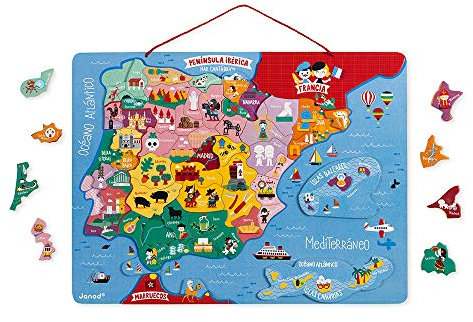 Janod Spanienkarte, magnetisch, Puzzle für Kinder aus Holz, 60 magnetische Teile, Entdecken und Merken, Geographie-Lernspiel, ab 7 Jahren, J05478