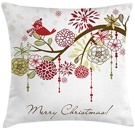 ABAKUHAUS Weihnachten Kissenbezug, Roter Vogel Blumenbaum, Waschbar mit Reißverschluss Kissenhülle mit Farbfesten Klaren Farben Beidseitiger Druck, 45 x 45 cm, Weiß Grün