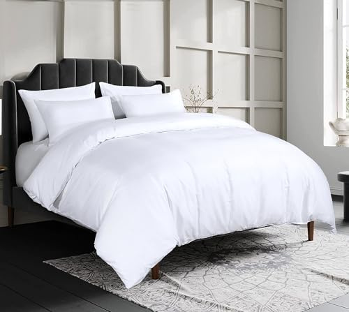 Crescent Collection Luxury 100% Cotton Plain Duvet Cover With Pillow Case Quilt Cover Bedding Set (White, Super King)
