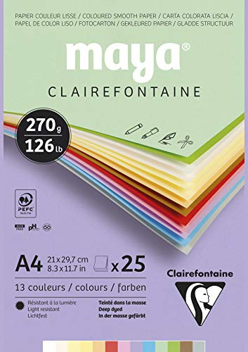Clairefontaine 975336C - Malblock verleimt mit 25 Blatt Maya Zeichenpapier, glatt 21x29,7 cm 270g, Pastell farbig sortiert (12 Farben + 1 weiß )