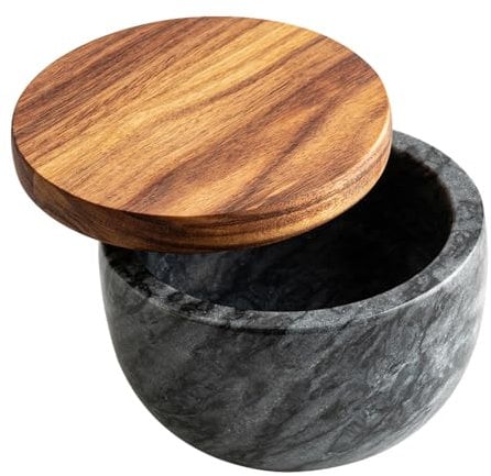 Jalz Salt Box Spice Pinch Pot Black Marble Base Wood Cover Pepper Canister Salt Cellar Jar