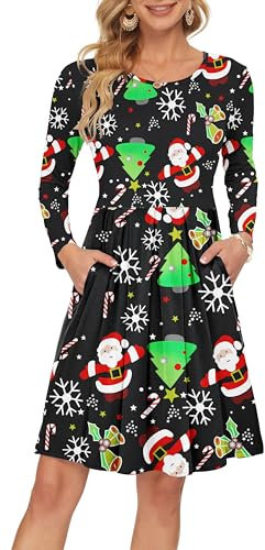AUSELILY Manica Lunga delle Donne Piegheggiato Loose Swing Abito Casual con Tasche Lunghezza al Ginocchio Albero di Natale Santa L