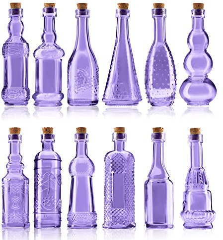 BULK PARADISE Small Mini Purple Vintage Glass Bottles with Corks, Mini Vases, Decorative Glass Bottle, Potion Bottles, Assorted Design Set of 12 pcs, 4.6 Inch Tall (11.43cm), 1.4 Inch Wide (3.56cm)