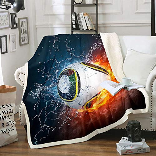 Tbrand Fußball Decke 220x240cm Fußball auf Feuer und Wasser Kuscheldecke Sportthema Wohndecke für Jungen Mädchen Schlafzimmer Dekor Wettbewerbsspiele