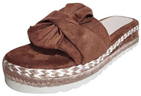 Julhold Sandalen Offen Strandschuhe Hauschuhe Leicht Badelatschen Bequeme Damen Gewebte Flache Bowknot-Slip-On Mit Offenem Zehenmuster Im Römischen Stil Freizeit Sommerschuhe(Braun,37)