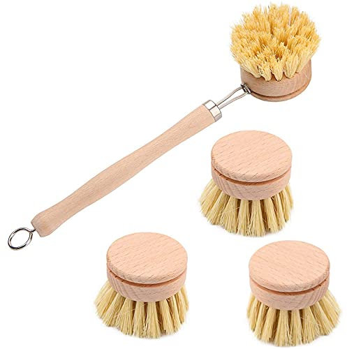 GQYYS Ensemble De 4 Brosses à Vaisselle, Brosse à Vaisselle en Bois, Brosse De Nettoyage en Bois, avec 3 TêTes De Rechange, Brosse à Vaisselle en Bois à Long Manche, éCologique