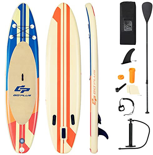COSTWAY Stand Up Paddling Board, SUP Board aufblasbar, Paddelboard mit Sicherheitsleine, Paddel, Pumpe, Center Finne, Rucksack und Reparaturset (Gelb + Orange, 335 x 76 x 15cm)