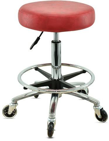 VAKON SALON - Premium Rollhocker Rot mit Fußring - Höhenverstellbar von 55-75 cm - Rundsitz Drehhocker Arbeitshocker Praxishocker