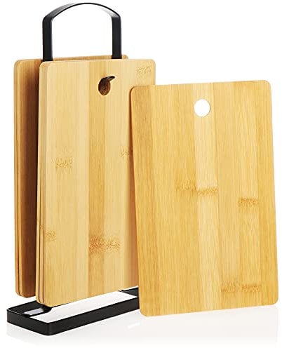 com-four® 7-teiliges Schneidebrett-Set aus Bambus - Frühstücksbretter mit Bretthalter - kleine nachhaltige Servierplatten - Brotbretter mit Ständer aus Metall (07-teilig - Bambus)