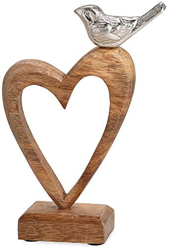 matches21 Vogel aus Metall auf Herz aus Mangoholz Sockel Dekofigur Skulptur Liebe Love Figur Silber braun 1 STK 15x22 cm