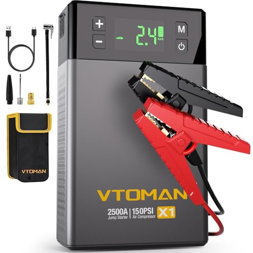 VTOMAN X1 Jump Starter Power Bank with Air Compressor, 2500A Battery Booster Jump Starter with 150PSI Digital Tire Inflator, Portable Jump Pack (Up to 8.5L Gas/6.0L Diesel Engines)
