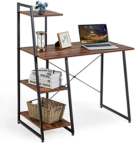 COSTWAY Computertisch mit 4 Regaln, Schreibtisch aus Holz mit Metallrahmen, PC Tisch Bürotisch Arbeitstisch Officetisch fürs Büro, Arbeitszimmer, Wohnzimmer 98x50x118cm (Braun)
