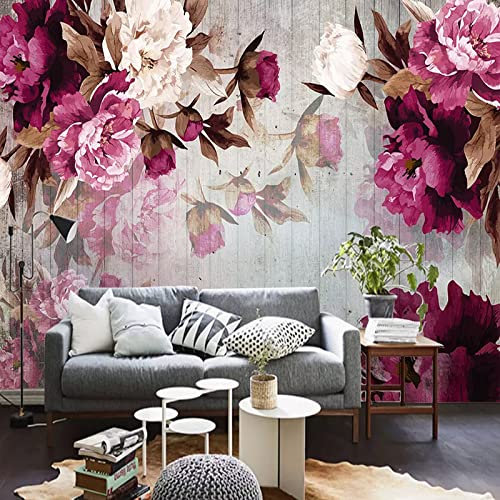 Tapete 350x256 cm - 7 Streifen Vintage Holzmaserung mit Blumen Vlies Fototapete Wohnzimmer Wandtapete XXL Büro Moderne Wanddeko Schlafzimmer Flur Wandkunst TV-Hintergrund Tapeten