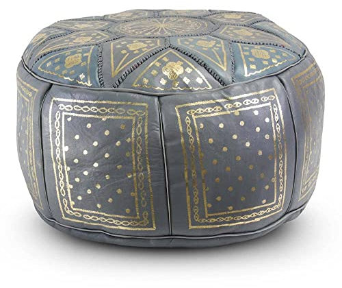 Marokkanische Pouf Leder Grau mit Gold Rund