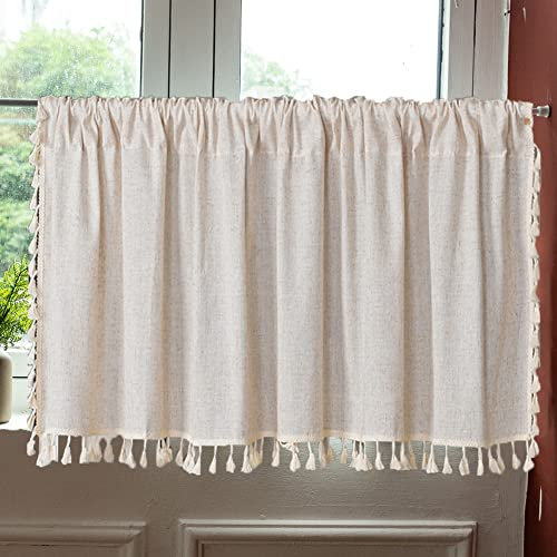 Michorinee Boho Scheibengardine Bistrogardinen mit Schlaufen Kurzstore Leinenoptik Beige Küchengardine Kurze Landhausstil Vorhang mit Quaste für Küche Wohnzimmer B 150 × H 60 cm