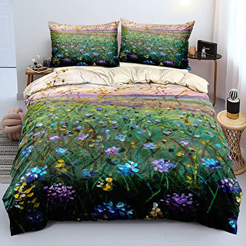 Gezu Bettwäsche 3D Effekt 135x200cm 4teilig Blumenwiese Muster Grün aus Mikrofaser Bettbezug Set und Kissenbezug 80x80cm Wendebettwäsche Garnitur Set mit Reißverschluss