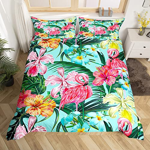 Homewish Rosa Flamingo Bettwäsche 135x200 für Mädchen Frauen Tropische Flamingo Tröster Abdeckung, Grüne Botanische Palmen Druck Bettbezug Sommer Thema Bettwäsche 2 Stück mit 1 Kissenbezug